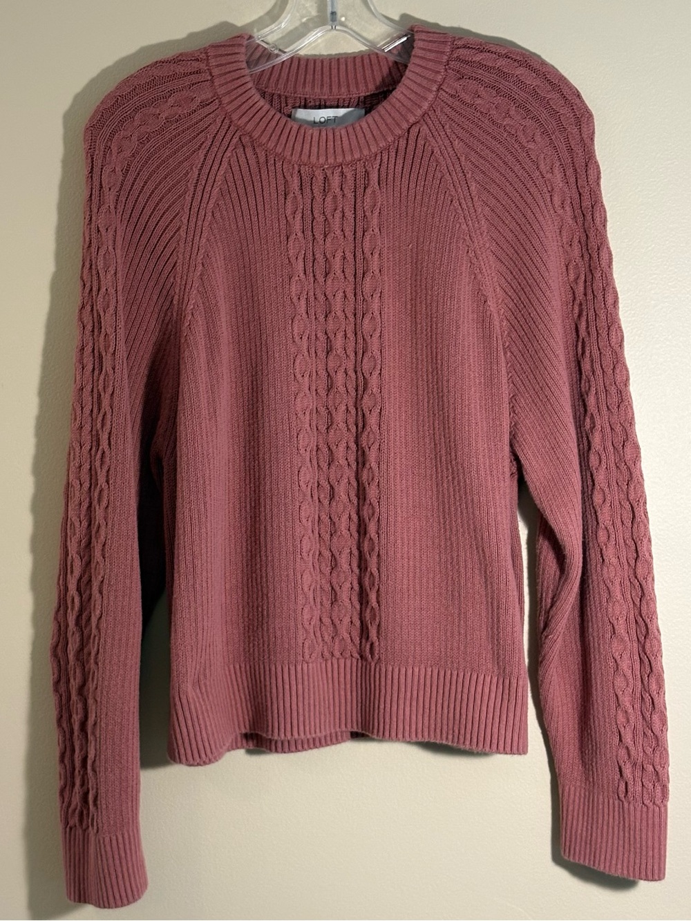 LOFT Dusty Rose Cable Knit Ragland Sweater Crewneck Pullover Women’s XL